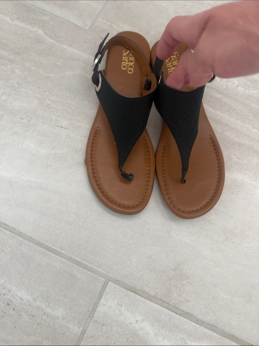 Franco Sarto Black Thong Sandals with Brown Footbed